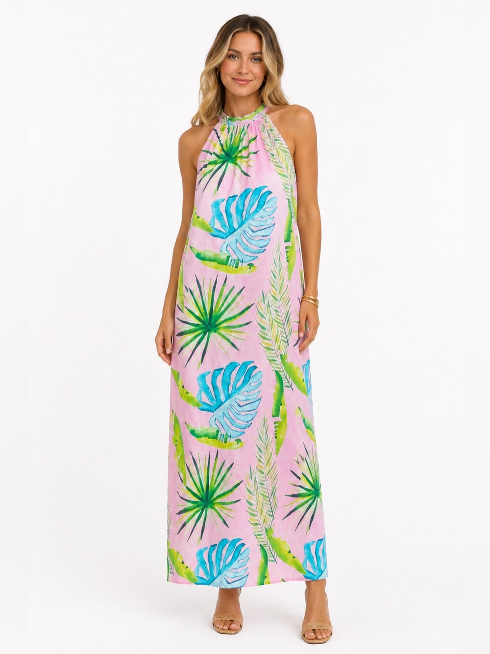 Holly Shae The Blythe Cotton Shell Tropical Maxi Dress XS/M Palm Fronts Halter